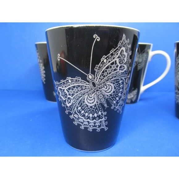 Roscher Butterfly Lace Collection Set Of 4 White On Black 4 1/2" Tall Cups Mugs - Picture 14 of 16